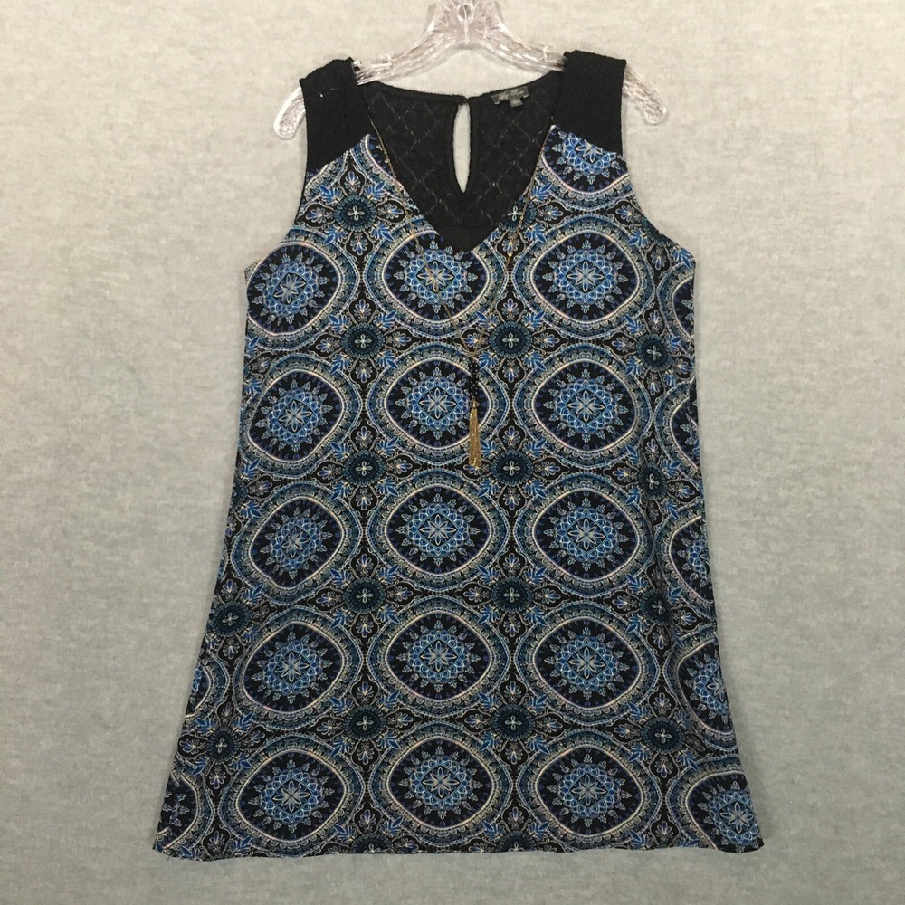 Lily Rose L Trapeze Dress Blue Black Geometric V-Neck Necklace Sleeveless Lace